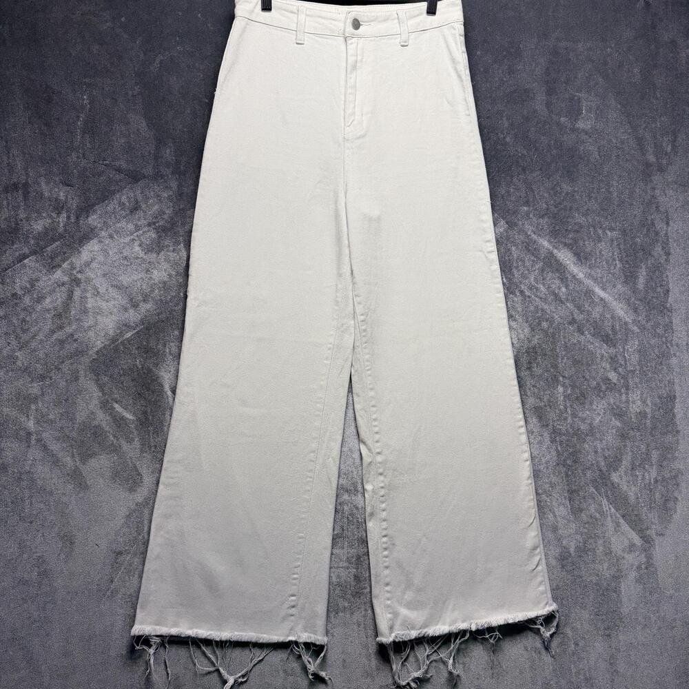 ANNIEWEAR Baggy Jeans Sz M High Rise White Fringe Hem Summer Stretch Denim